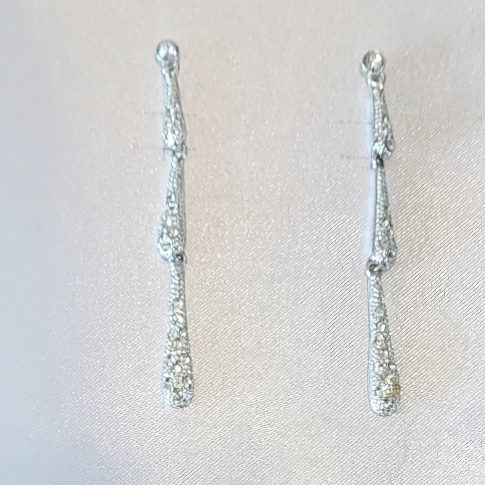 Vintage Roman Signed Pave Dangle Long 3 Tier Earrings Rhinestones Silver Tone